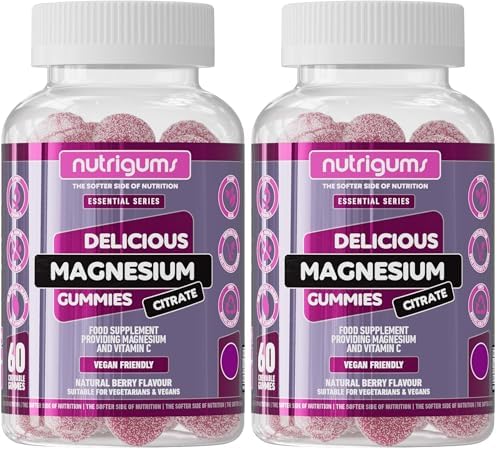 Magnesium Citrate 1250mg & Vitamin C Gummy | High Strength | 150mg of Elemental Magnesium & 80mg Vitamin C | Mixed Berry Flavour | 60 Vegan Gummies | Energy & Bone Support by NUTRIGUMS® (Pack of 2)