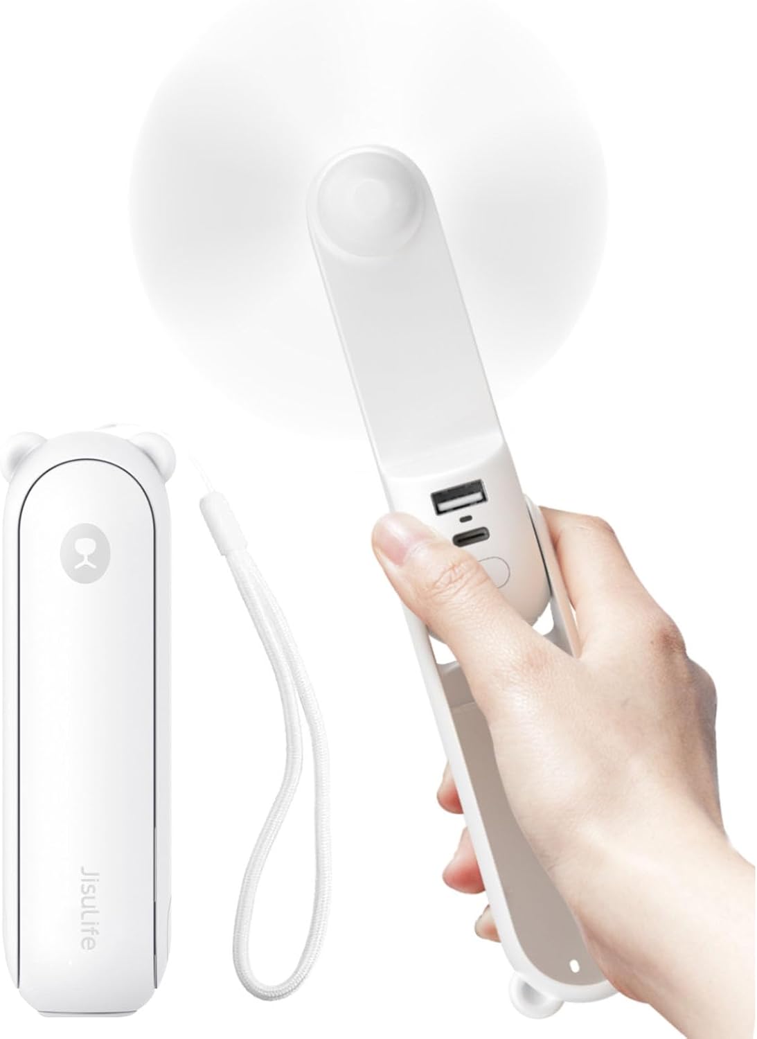 JISULIFE Handheld Fan with 4500 mAh Powerbank Max 37 Hours Runtime, Personal Portable Fan Pocket USB Powered Folding and Mini Rechargeable Quiet -White