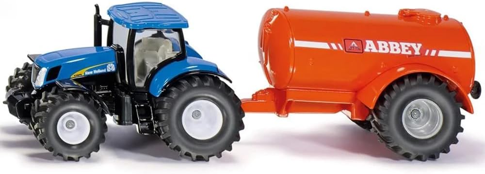 New Holland T7070 Tractor Blue with Abbey Single Axle Vacuum Tanker Orange 1/50 Diecast Model by Siku 1945