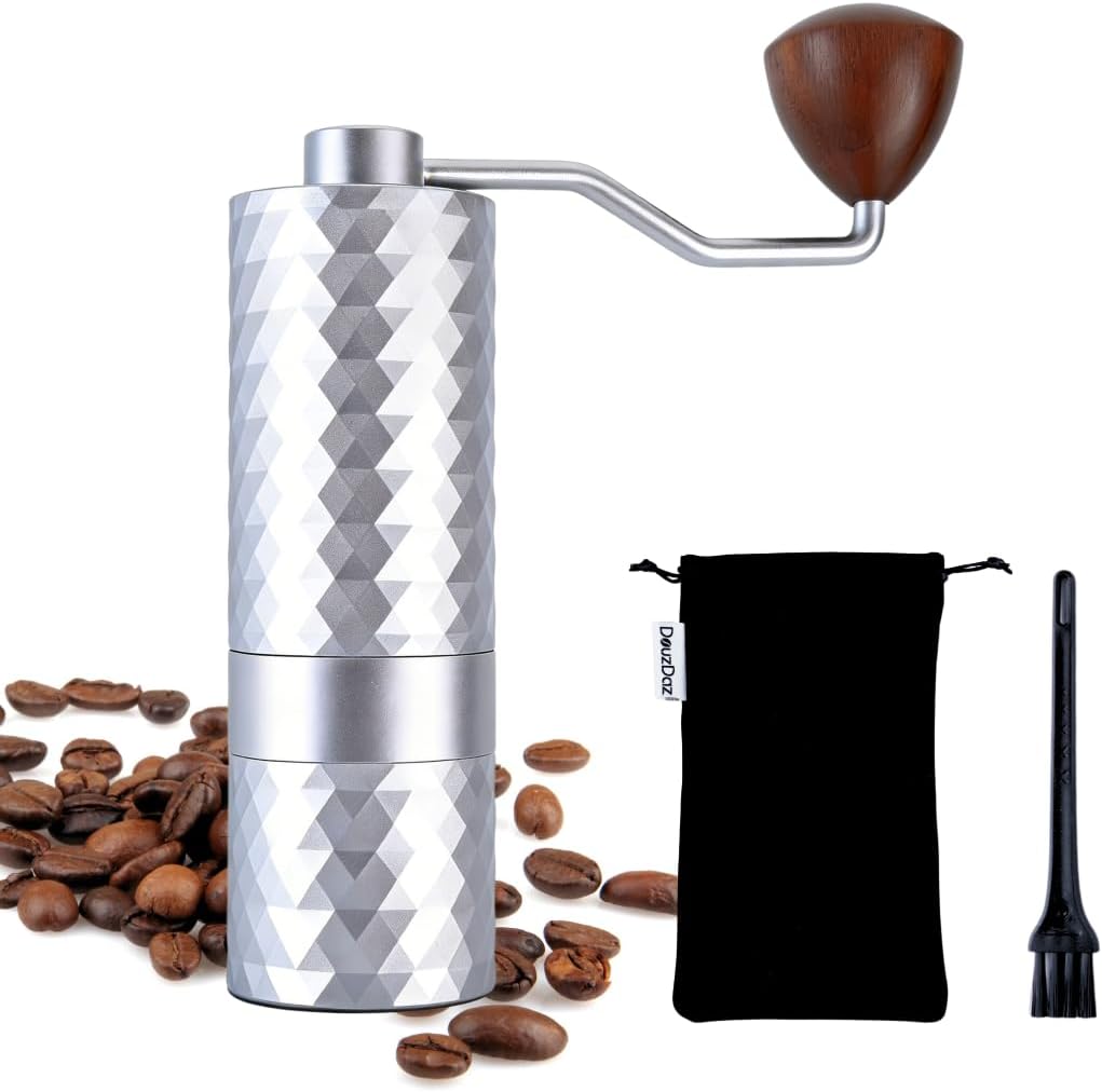 Portable Manual Coffee Grinder with Wooden Handle, Stainless Steel Conical Burr, 24-Grid Precise Adjustment, for Home Travel Camping (Silver)
