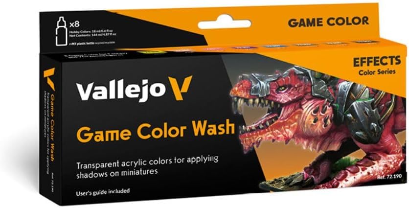 Vallejo Game Color Acrylic Wash Set, 8 Bottles of 18ml with Dropper for Layering and Shadow Effects, Ideal for Miniature Painting and Model Detailing