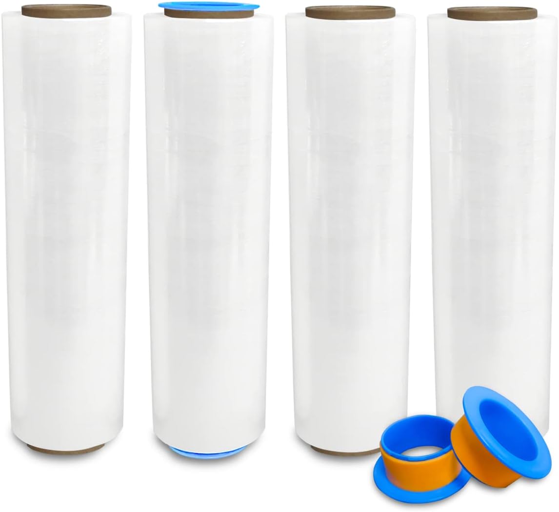 4 Rolls x 18" x 1500 FT x 80 Gauge Clear Non-Stretch Heavy Duty Stretch Wrap Shrink Film for Shipping Packaging Moving Packing Trucking Logistics - Thicker Extra Durable Film - Wrap Holder Included