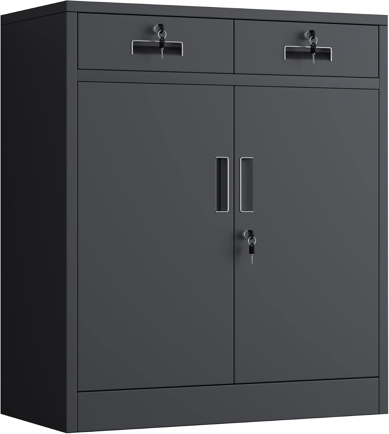 JINGUR Metal Storage Cupboard with Locking Doors and 2 Drawers (Black)