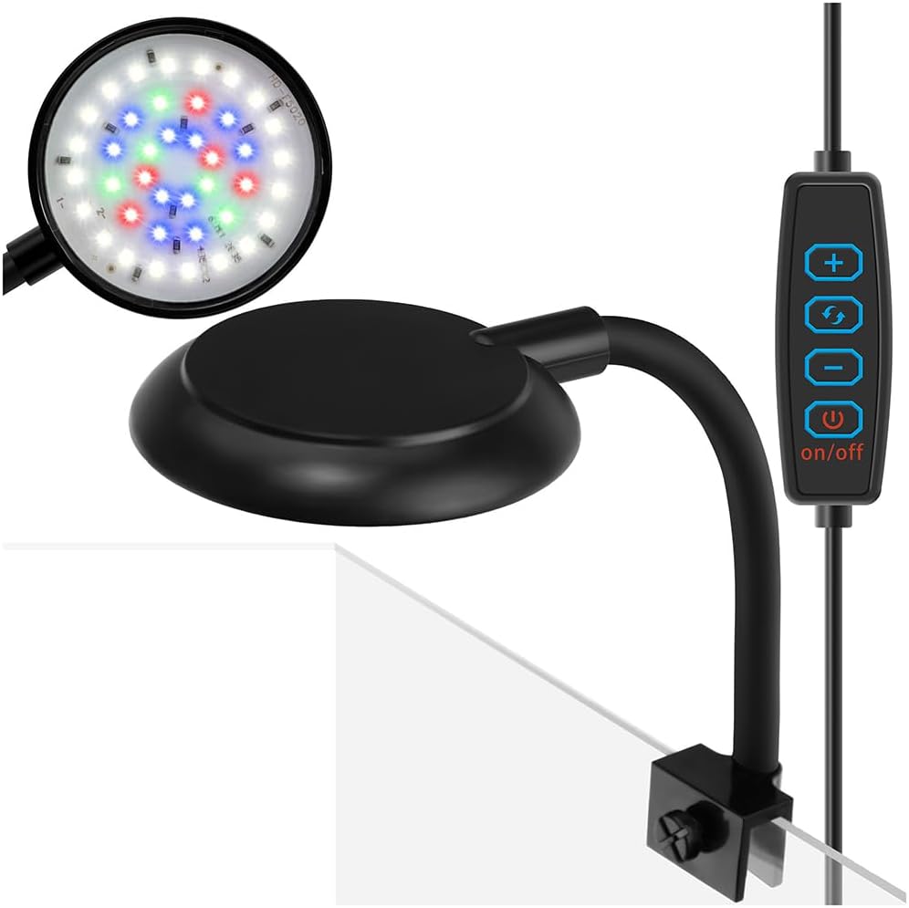 DaToo Mini Clip On Aquarium Light 7W Dimmable Small Fish Tank Light USB Moving Lamp with White Red Blue Green LED for 1 to 3 Gallon Tanks