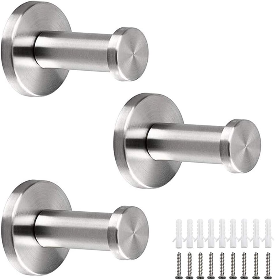 NewZC Wall-Mount Robe and Towel Hooks 3 Packs Round Stainless Steel Coat Hanger Bathroom Brushed Nickel Shower Hook Chrome Hanging Hooks for Hotel Kitchen Bedrooms Toilet Lavatory Closets Clothes Hat
