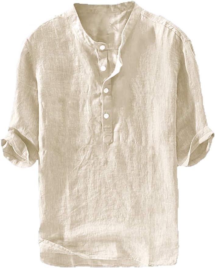 Ryannology Mens Linen Shirts Casual Cotton 3/4 Sleeve Regular-Fit Henley T-Shirt Summer Lightweight Beach Yoga Tops