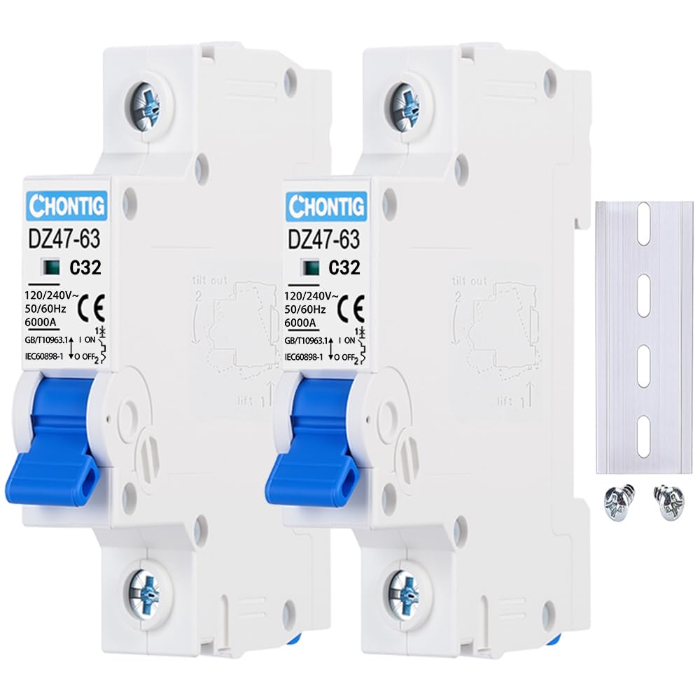 MCB C32 32A Miniature 1 Pole Circuit Breaker 2 Pack with DIN Rail Mount, 120V/240V AC Protection for Solar Panels, RV Power Center, Home Electrical Systems