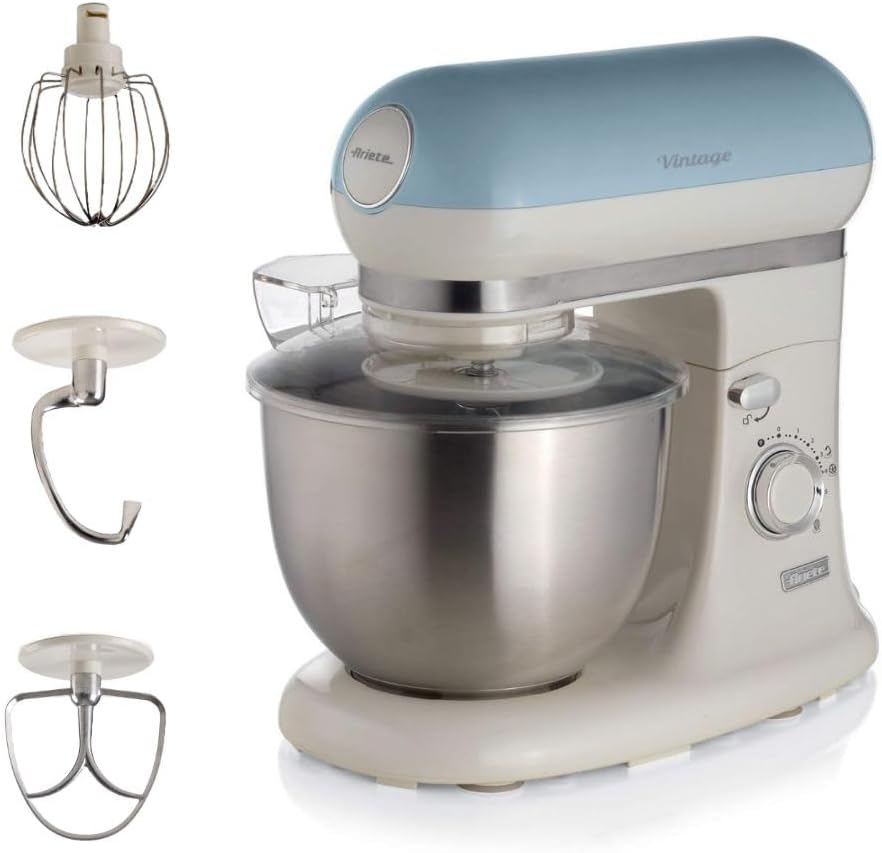 Ariete Vintage 8805 Stand Mixer Food Processor, 1200W, 5.5 Litre Stainless Steel Bowl, Planetary Motion, 7 Speeds + Pulse, Anti Splash Cover, Blue