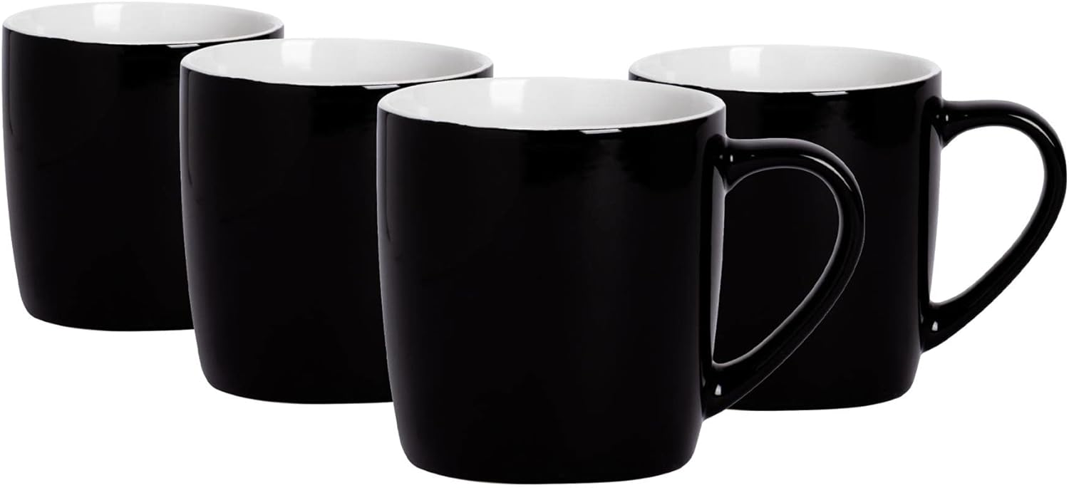 Argon Tableware Coloured Coffee Mugs - Black - 350ml - Pack of 4 - Gloss Ceramic Stoneware Latte Cappuccino Cups Hot Chocolate Cups Colourful Mug Set with Handle