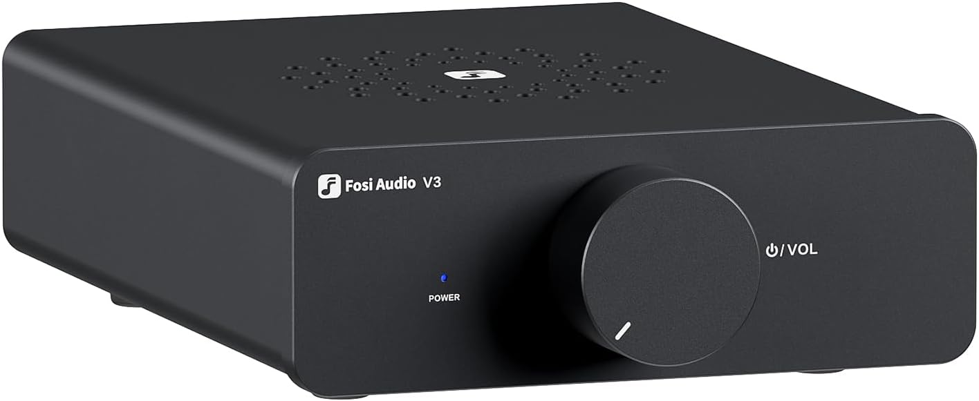 Fosi Audio V3 300W Class D Stereo Power Amplifier, TPA3255 Chip HiFi Audio Amplifier for Home Theater and Bookshelf Speakers, Compact Design with Advanced Heat Dissipation with 32V5A Power Supply