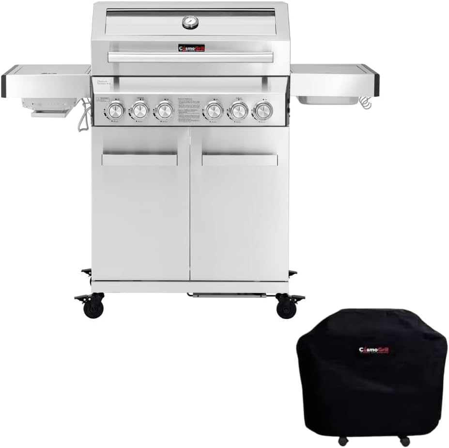 CosmoGrill Platinum Stainless Steel 6 Gas Burner 4+2 Barbecue Grill with Waterproof Cover, Infrared Searer & Back Rotisserie Burner for Home Garden Party Outdoor BBQ Cooking