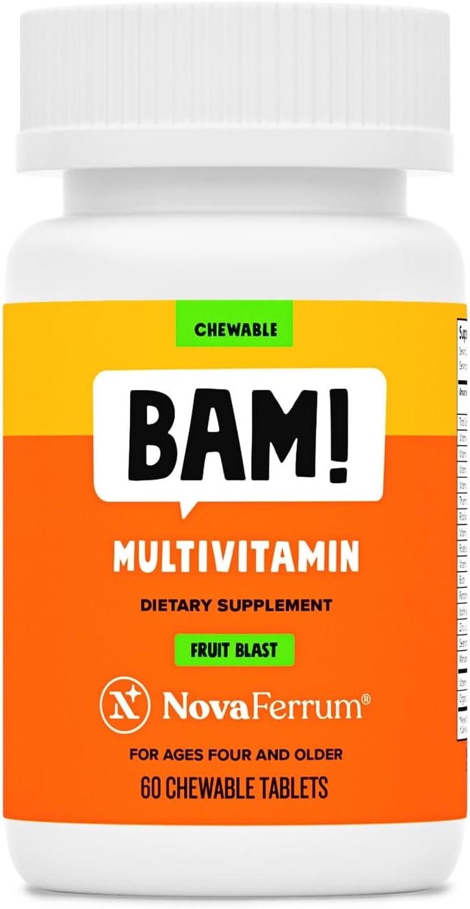 NovaFerrum BAM Chewable Multivitamin for Kids & Adults Ages 4 and Above – Fruit Blast Flavor – 60 Chewable Tablets – with Vitamins A, C, D, E, B6, B12, Biotin, Zinc, Selenium & Manganese