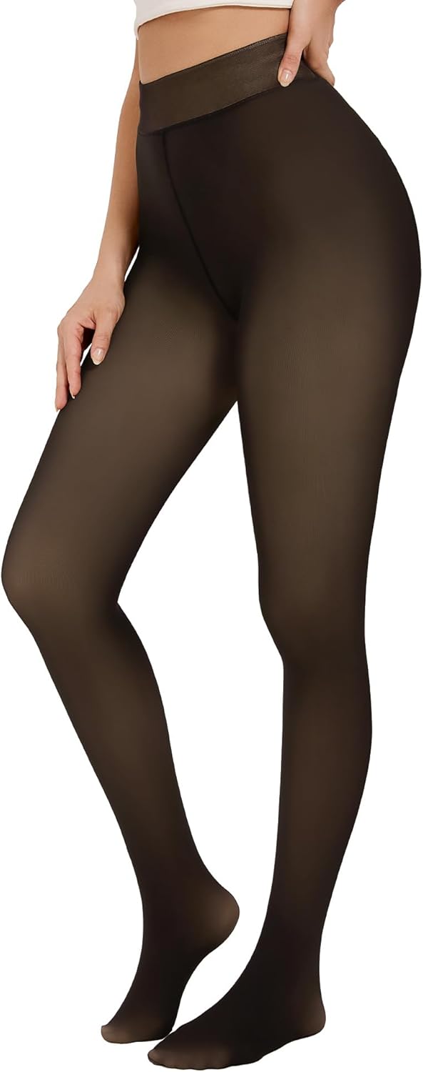 Women's Fleece Lined Tights Winter Warm Fake Translucent Pantyhose Thermal High Waisted Tights