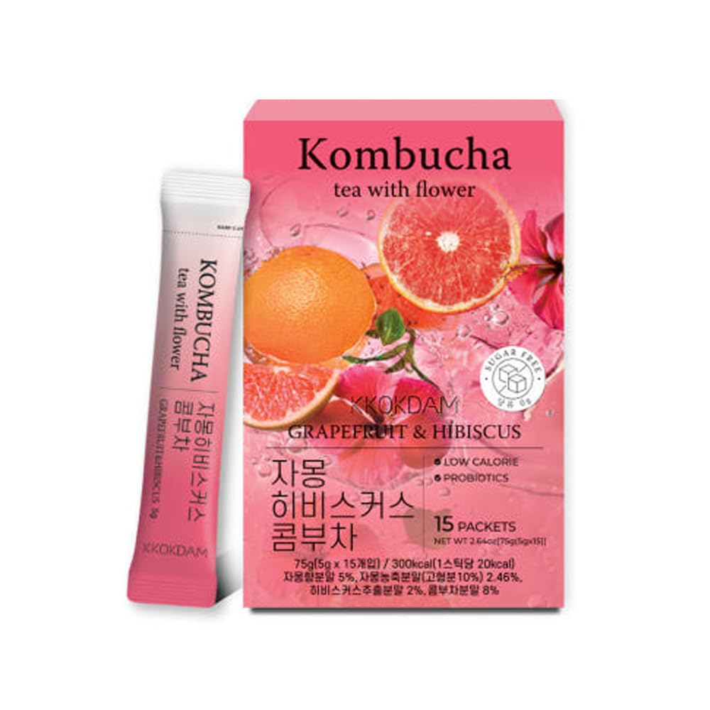 KKOKDAM Kombucha Tea | Grapefruit and Hibiscus Extract | Probiotic | Sugar Free | Low Calorie | Detox | Beauty Drink | Gut Health | 15 Sticks