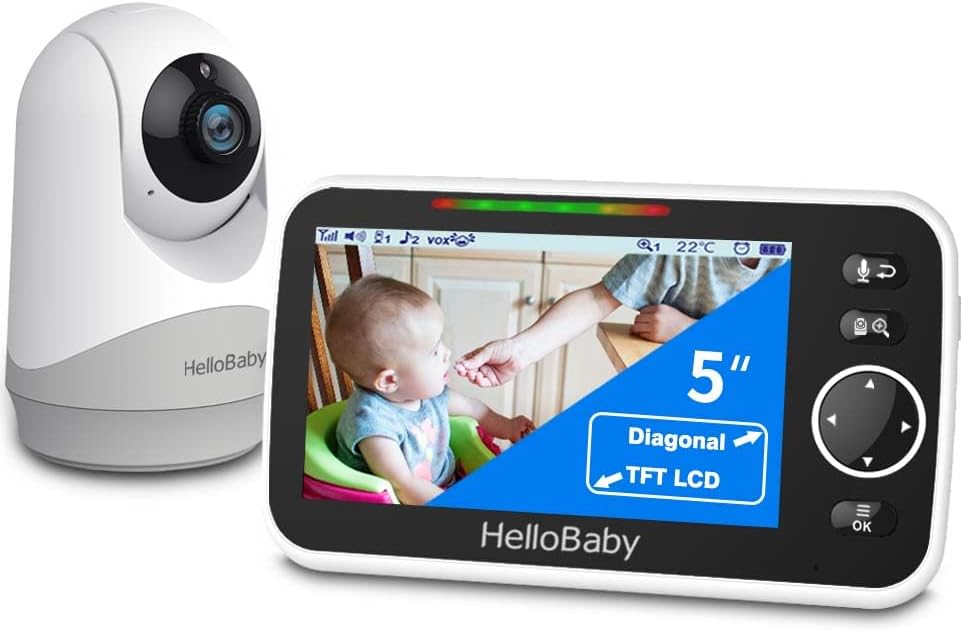 HelloBaby Monitor with Camera and Audio, 5'' Large Screen with 3500mAh Battery, Remote Pan-Tilt-Zoom Camera, Two-Way Talk, ECO-Mode, Auto-Night Vision, Range up to 960ft and No WiFi