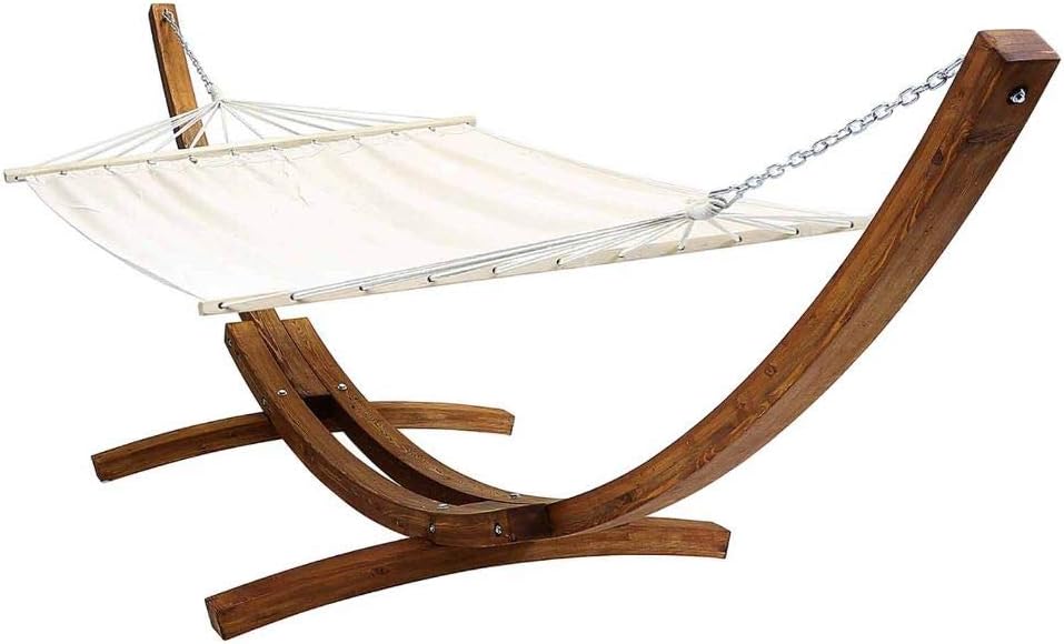 CHARLES BENTLEY Extra Large 4M Hammock, With Larch Wooden Arc Stand, For Two People, Adjustable Hammock Height, In Cream, Free Standing, Canvas Fabric, Swing Seat, Cotton, Polyester (400x120x130cm)