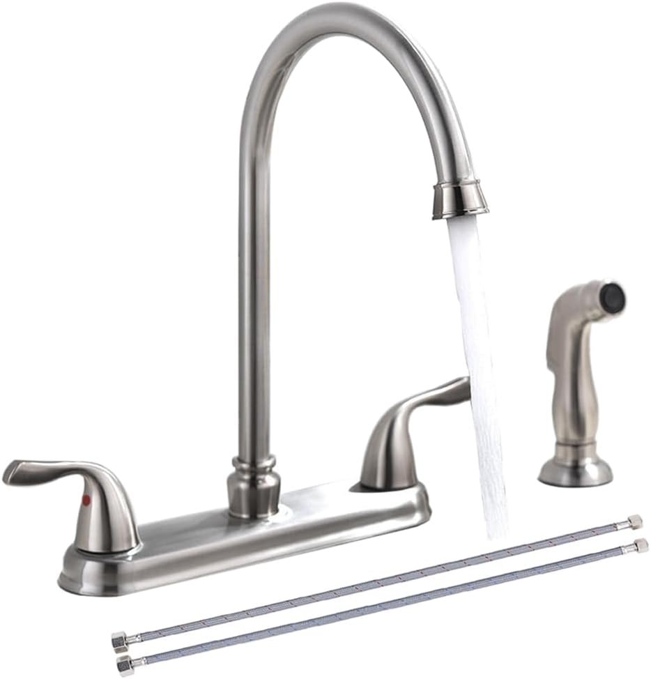 SHACO Kitchen Faucet with Side Sprayer, 2 Handle Kitchen Sink Faucet with Water Supply Line, Brushed Nickel 360 Swivel Kitchen Faucet for Sink 3 Hole 4 Hole, SC-SLYT004L-S new13