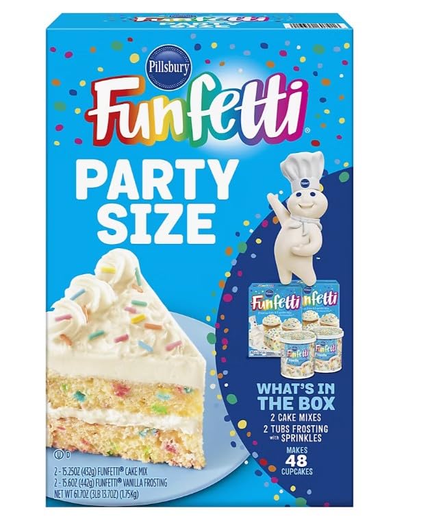 Pillsbury Funfetti Party Size Cake Mix & Frosting, Makes 48 Cupcakes, 61.7 Ounces