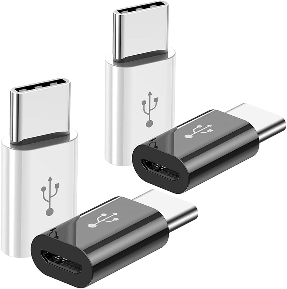 Adapter Micro USB to USB C (4 Pack), Micro-USB Female to USB-C Male OTG Adapter Compatible with Samsung Galaxy, LG, Huawei, Type-C Phones, Tablets and More (2 Black and 2 White)