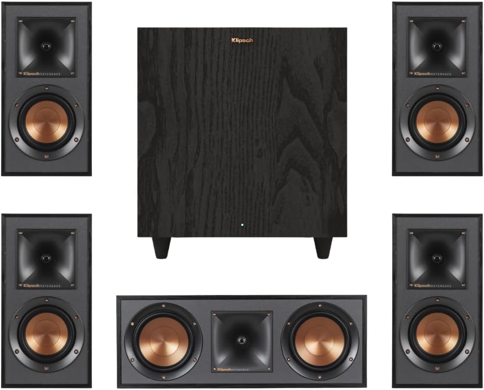 Klipsch Reference Home Theater Speaker Bundle – Includes (4) R-41M Bookshelf Speakers, (1) R-52C Center Channel, and (1) R-80SWi 8" Wireless Subwoofer for Immersive Surround Sound