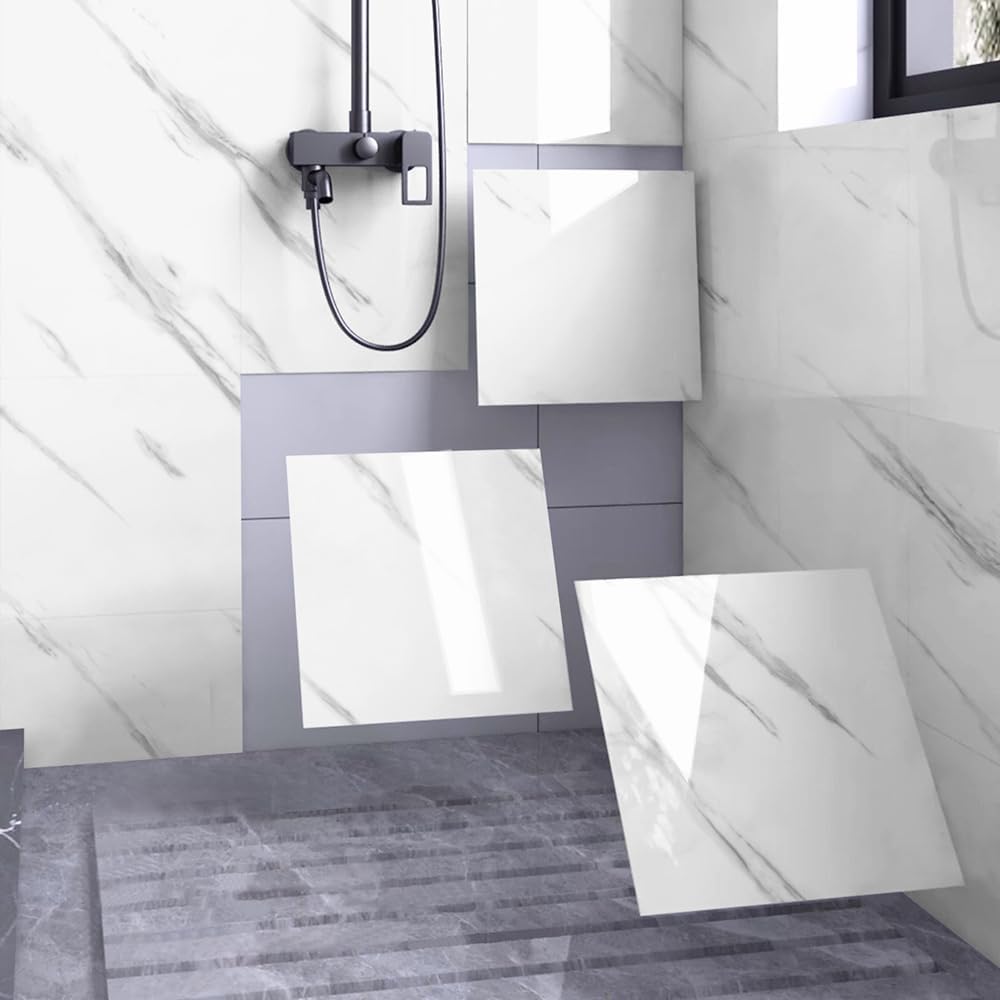 Washroom Wall Panels Peel and Stick,Marble PVC Foam Wall Sticker for Interior Decor,Backsplash Tile for Kitchen Toilet Bathrooms Living Rooms 11 .8"x11.8" 10PCS,White(Not Real Tile,9.7 Sq.ft)