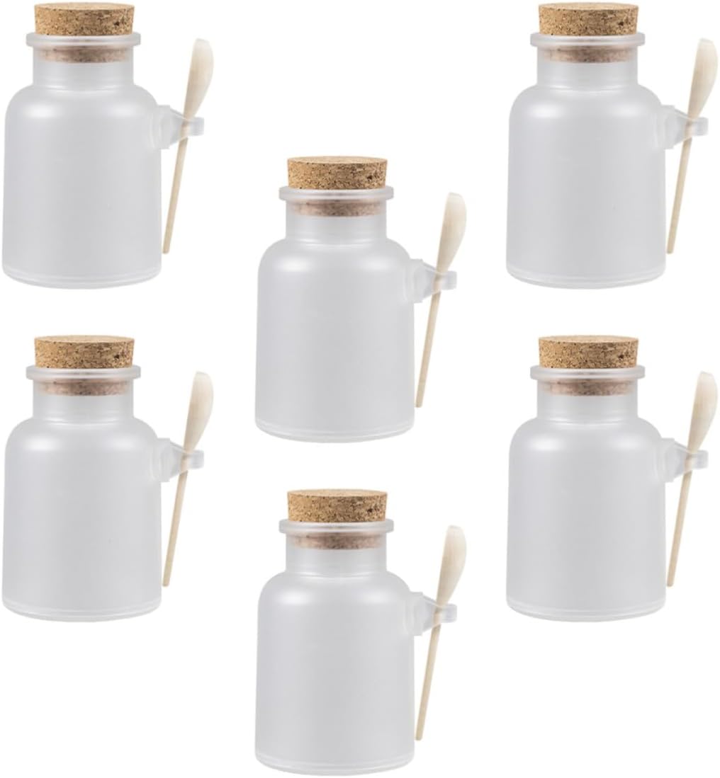 6 Sets Refillable Plastic and Wood Bottles with Cork Lids and Wooden Spoons, 100g Capacity Storage Containers for Bath Salt and Talcum, for Personal Care and Beauty Salons