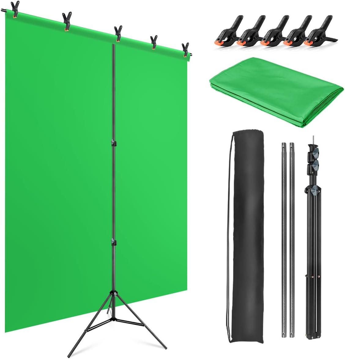 JEBUTU Green Screen Background with Stand 1.5m x 2m (5ft x 6.5ft), 1.5m x 2m Green Screen Photography Backdrop Kit for Chroma Key, Gaming, Photo Studio, Live Streaming