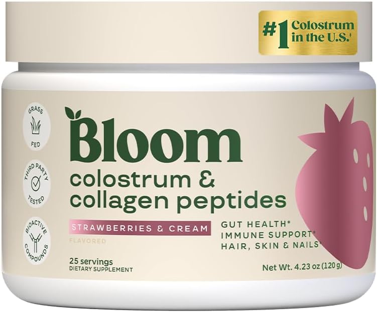 Bloom Nutrition Bovine Colostrum Powder, Strawberries & Cream, 25 Servings | Gut Health, Immune Support, Hair Growth & Beauty Supplement, Gluten Free, Sugar Free