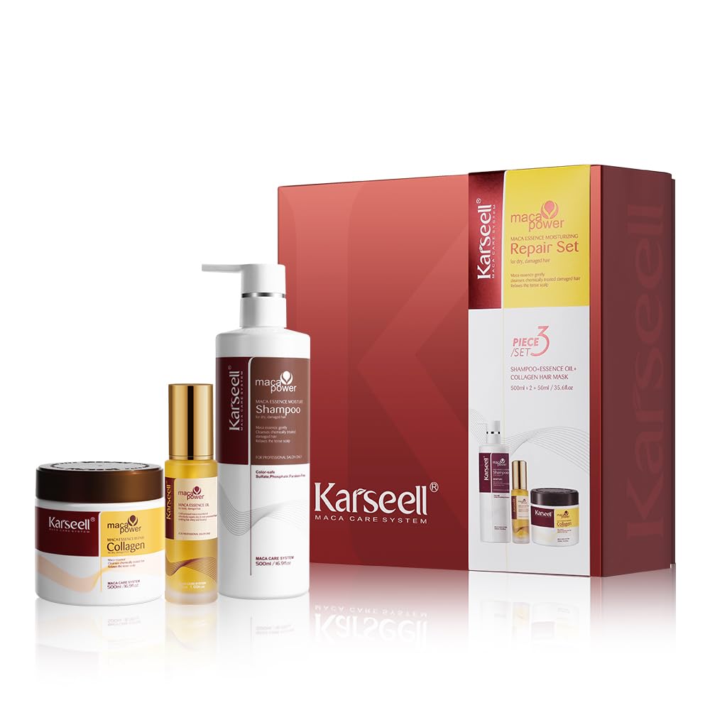 Karseell Collagen Hair Treatment Set, Deep Repair Collagen Hair Mask Shampoo and Argan Oil for Dry Damaged Hair of All Types - 2 x 16.9floz + 1.69floz