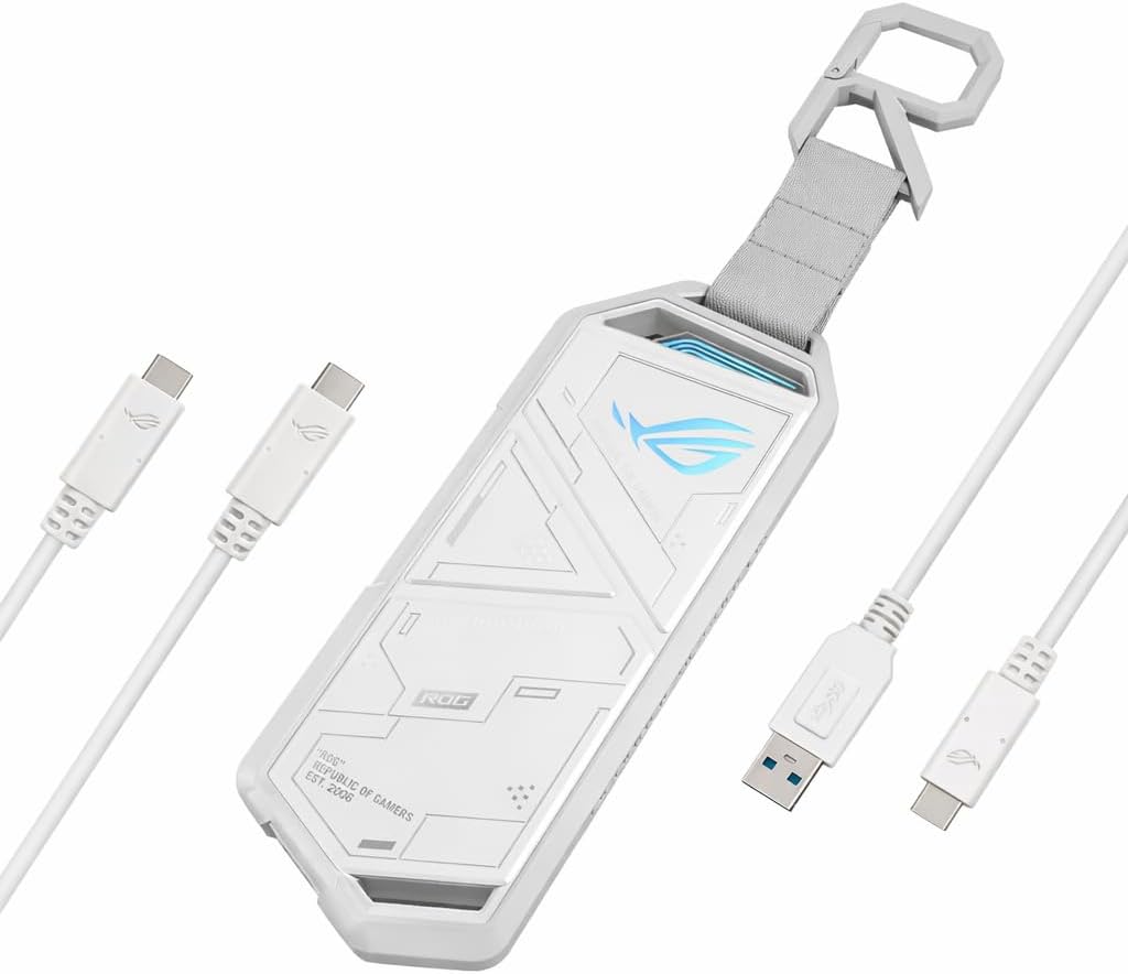 ASUS ROG Strix Arion White M.2 NVMe SSD Enclosure-USB3.2 Gen 2x1 Type-C (10Gbps), Dual USB-C to C & USB-C to A, Screwdriver-Free, Fits PCIe 2280/2260/2242/2230 M Key/B+M Key, 1 Year Warranty