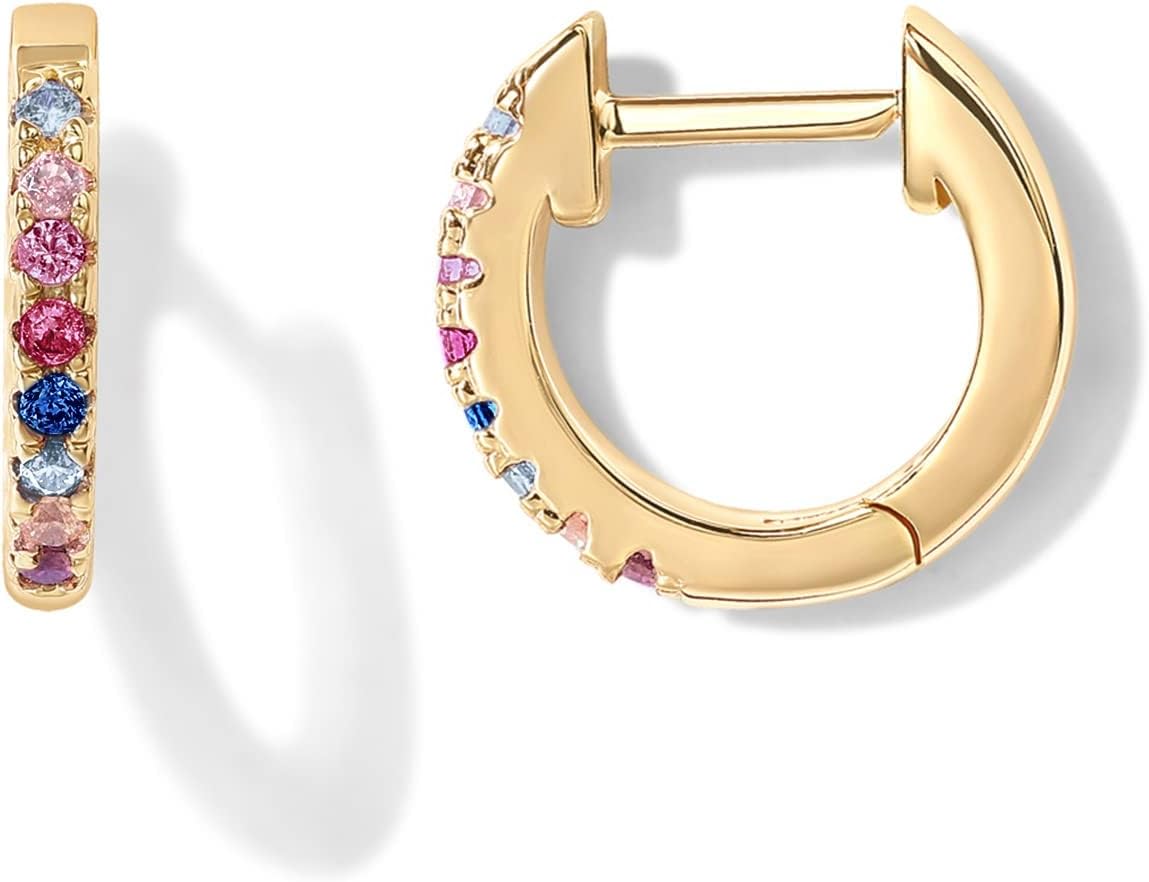 PAVOI 14K Gold Plated Sterling Silver Post Huggies | Cubic Zirconia Huggie Earrings for Women | Green, Garnet, Spinel Blue, Black, Multicolored Stones
