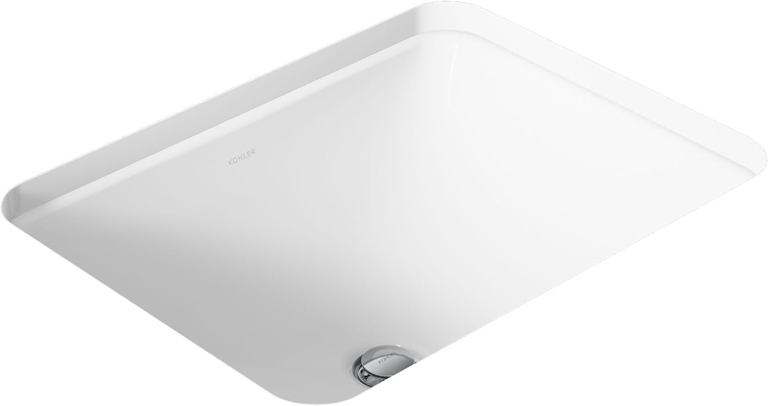 KOHLER 20000-0 Caxton Rectangle Undermount Bathroom Sink, Bathroom Vanity Sink with Overflow Drain, 20-1/4 L x 15-11/16 W, White | 20000-0, Vanity Sink with Overflow Drain, 20-1/4 L x 15-11/16 W