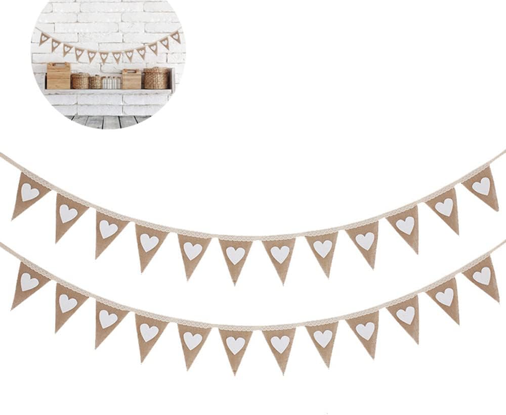 5.5 Meters Hessian Bunting Love Heart Rustic Burlap Banner Lace Strap Cloth Fabric Triangle Flags Party Decor for Wedding Birthday Ceremonies Baby Showers Christmas 24 Pieces (in 2 Pack)
