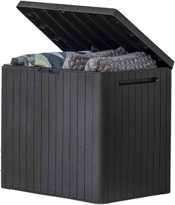 Keter City 30 Gallon Resin Outdoor Storage Box and Patio Furniture Side Table for Pool and Garden Accessories, Dark Grey