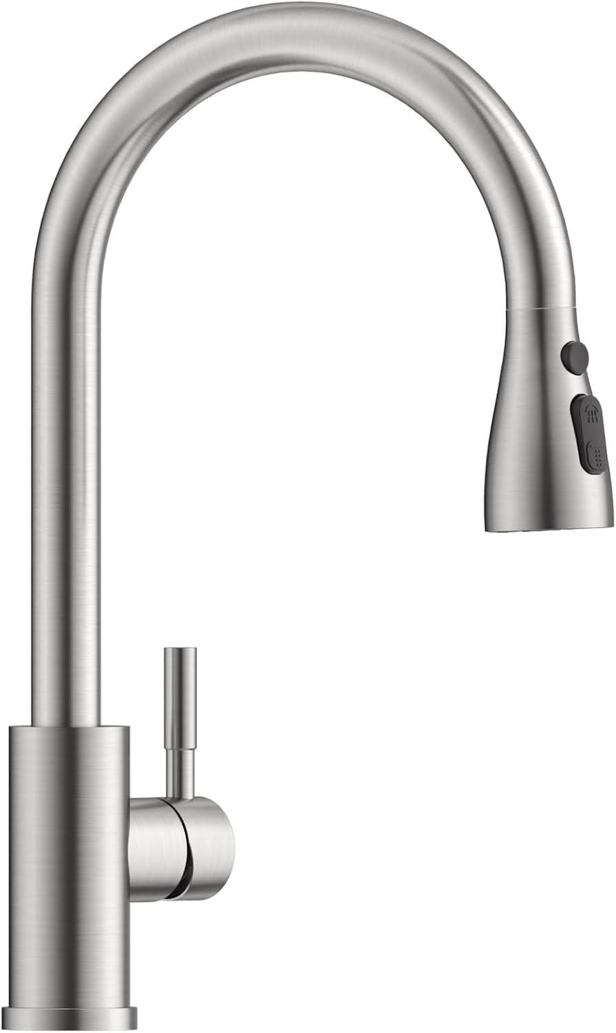 APPASO Kitchen Tap, Single Handle High Arc Modern Pull Out Sink Mixer Faucet with 360°Swivel 3 Modes Sprayer for 1 Hole Sink High Pressure, Easy to Install, Brushed Stainless Steel