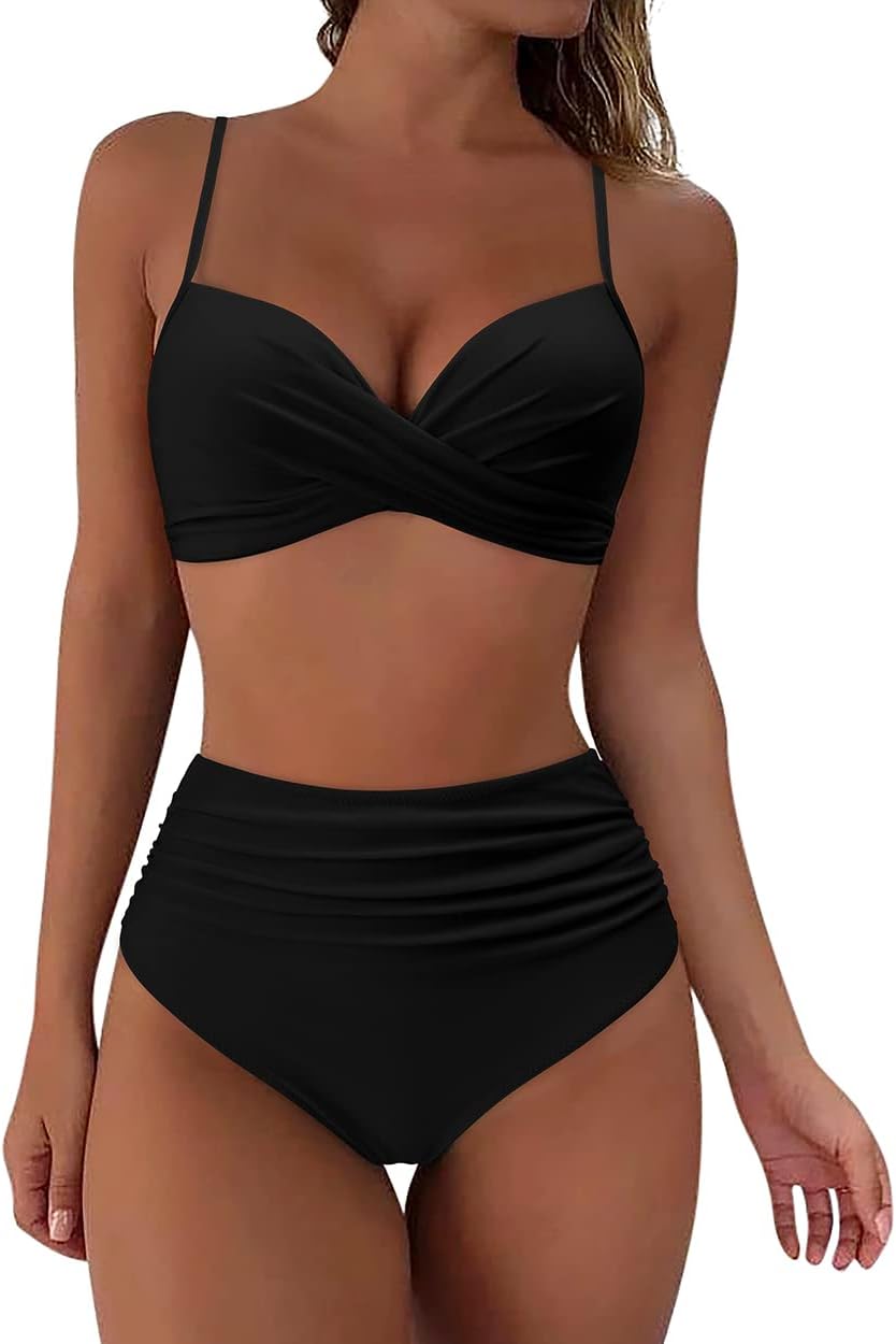 RXRXCOCO High Waisted Bikini Set Push Up Bikini Top with Tummy Control Bikini Halter Neck Underwired Padded Bikini 2 Piece