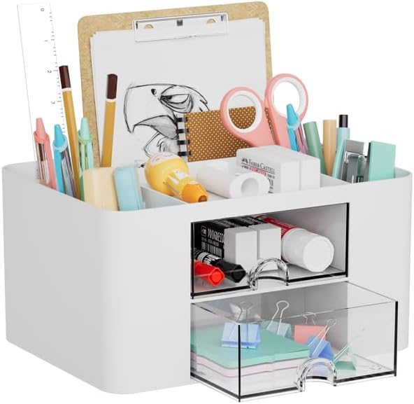 Marbrasse Desk Organiser with Drawers,Multifunctional Pen Holder with 7 Compartments,Stationary Organiser for Home Office Desk and Accessories(White)