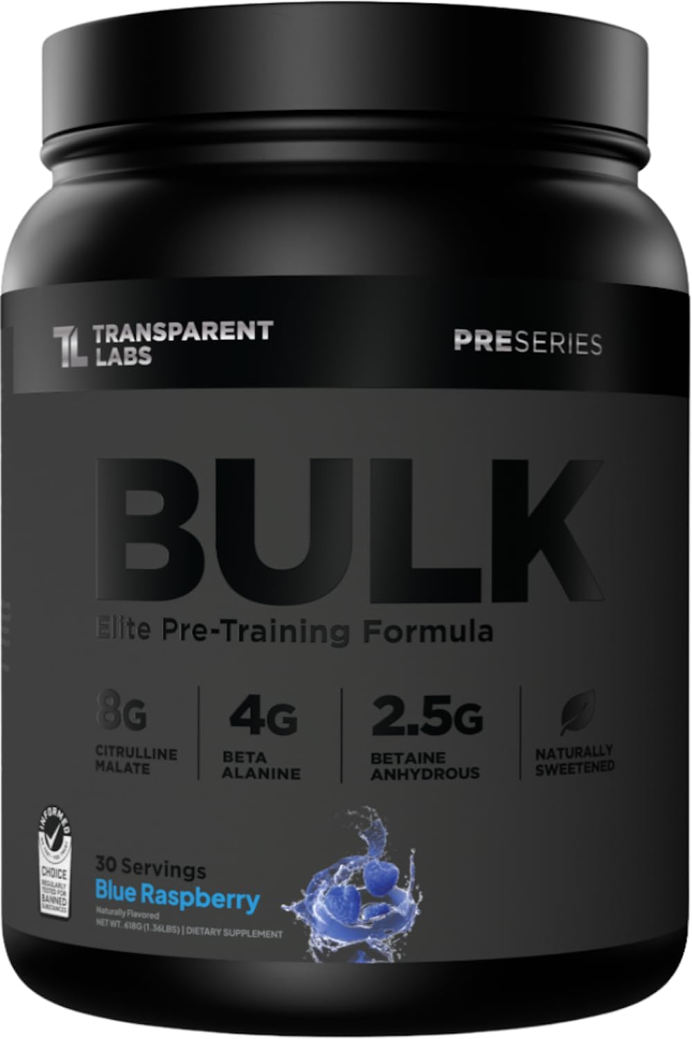Transparent Labs Bulk Black Pre Workout - Clinically Dosed, Naturally Sweetened Preworkout for Men and Women with Beta Alanine Powder, Citrulline Malate, & Caffeine- 30 Servings, Blue Raspberry