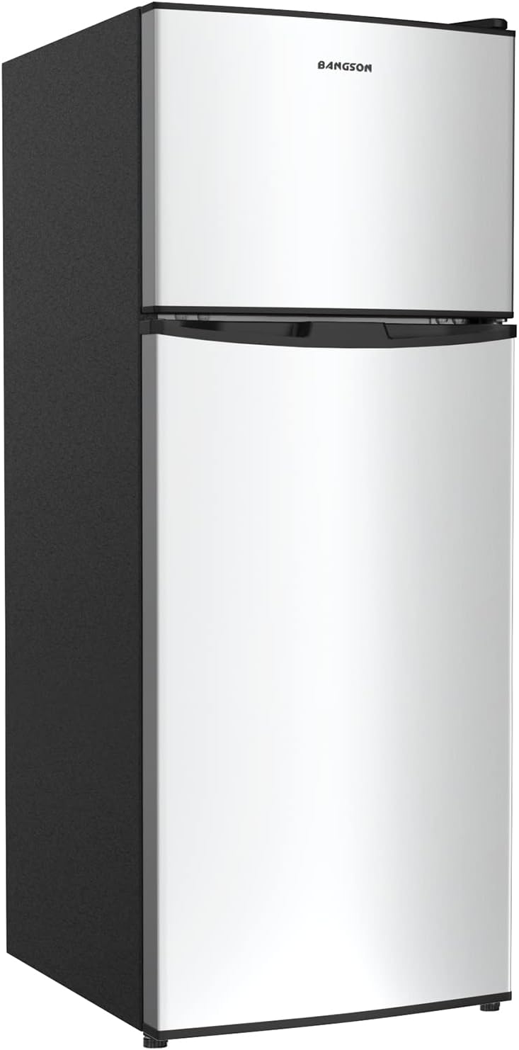 BANGSON 4.0 Cu.Ft Small Refrigerator with Freezer, Small Fridge with Top Freezer, for Apartment, Bedroom, Dorm, and Office, Double Door, Stainless Steel, Silver