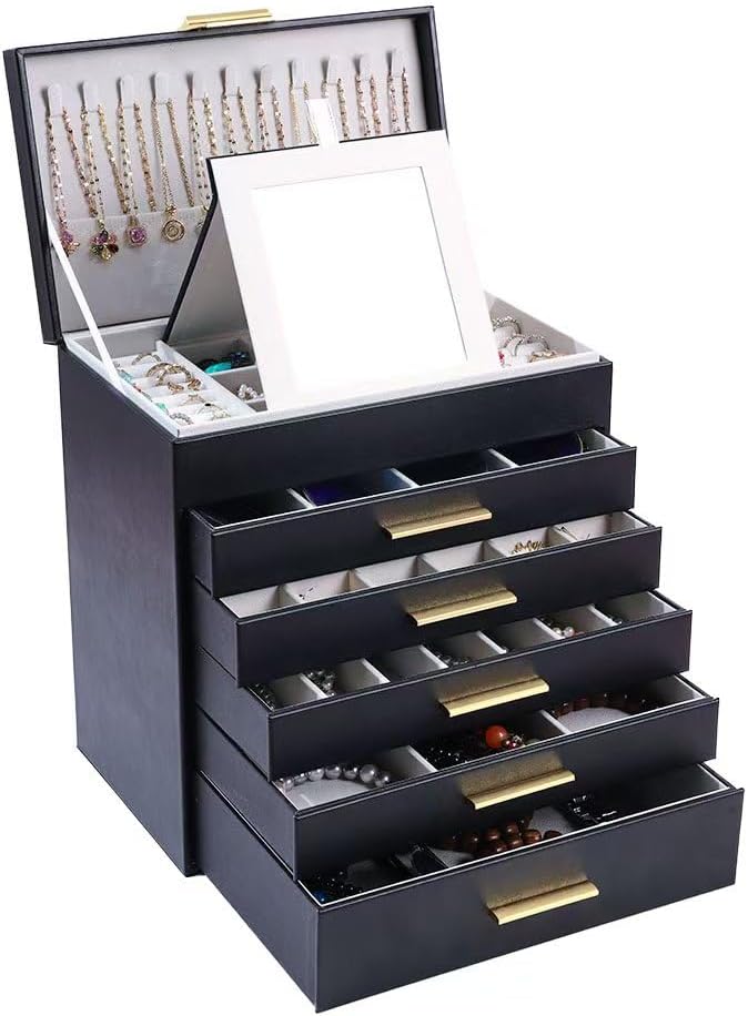 BOOVO Jewelry Box with Necklace Hanger – Jewelry Organizer for Women with 5 Drawers, Large Jewelry Storage Boxes –Jewelry Organizers and Storage for Earrings, Necklaces (Black, 6 layer)