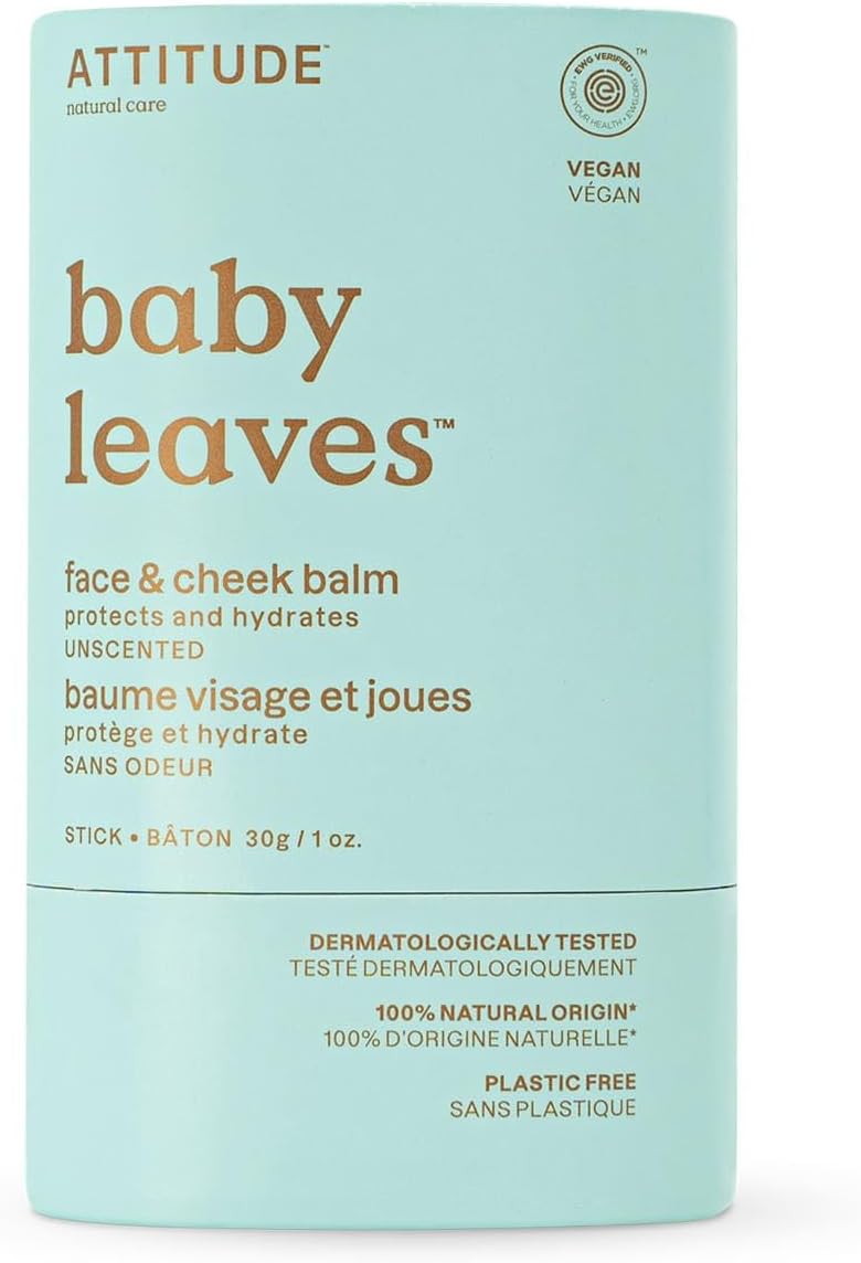 ATTITUDE Face and Cheek Balm Bar for Baby, EWG Verified, Plastic-Free, Dermatologically Tested, Made with Naturally Derived Ingredients, Vegan, Unscented, 30 grams