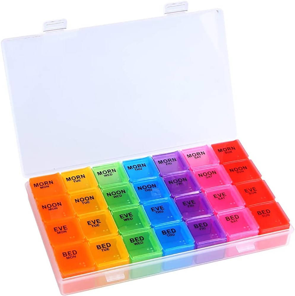 High Capacity Weekly Pill Box/Organiser 7 Day4 Times A Day, with 28 copartments to HoldPlenty of Medication, Vitamins and Supplements(Colour) 1