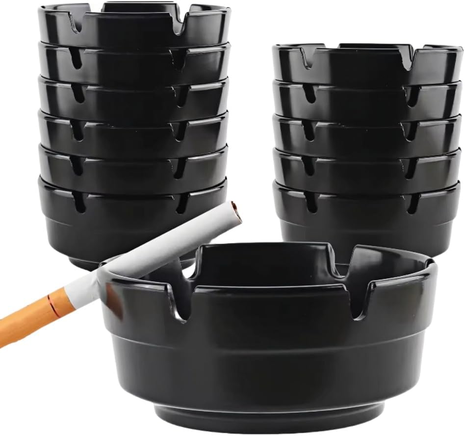 12 Pack Ashtray Set Round Ash Trays, Black Melamine Ashtrays, for Home and Outdoor Use 8cm Diameter Portable Cigarette Ashtrays, for Bars Office Restaurant or Outdoor