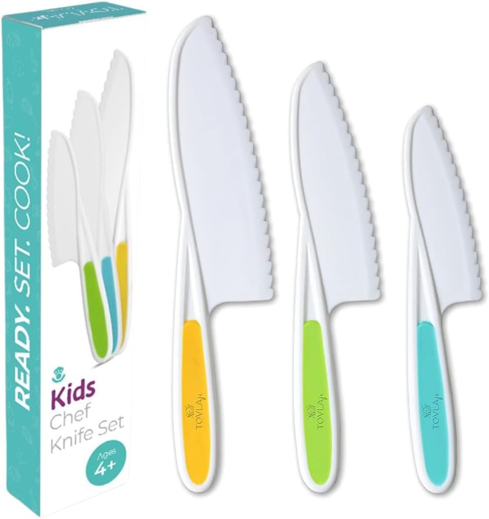 Tovla Jr. Knives for Kids 3-Piece Kitchen Cooking and Baking Knife Set: Montessori Children's Knives in 3 Sizes & Colors/Firm Grip, Serrated Edges, BPA-Free Kids' Toddler Knives (colors vary)