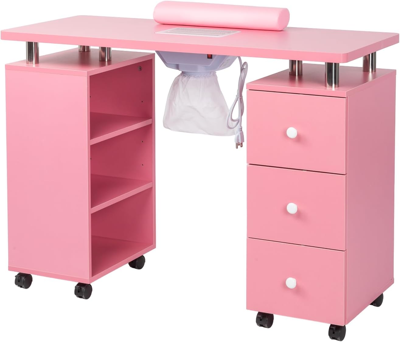 OmySalon Manicure Table Nail Desk for Nail Tech, Nail Table Beauty Salon Tech Station w/Electric Downdraft Vent, Lockable Wheels,Wrist Cushion,Storage Shelves & Drawers (Pink)
