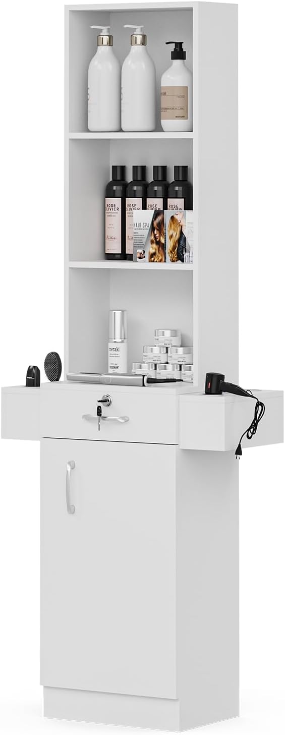Wall Mount Beauty Salon Storage Station,Barber Stations Hair Salon Station,Beauty Salon Spa Equipment with 5-Tier Storage Shelf 1 Drawer,1 Door,6 Hair Dryer Holders for Hair Styling (White)