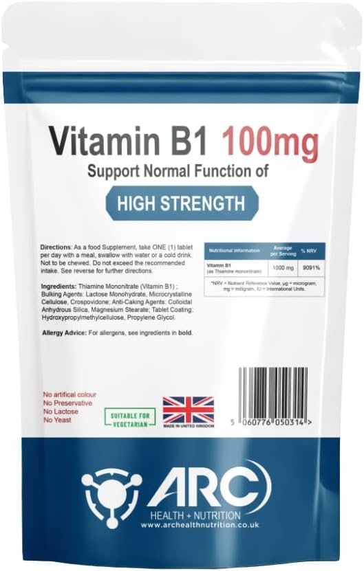 Vitamin B1 Thiamine 100mg 365 Vegetarian Tablets - High Strength B1 Supplement, Supports Energy Production, Made in The UK