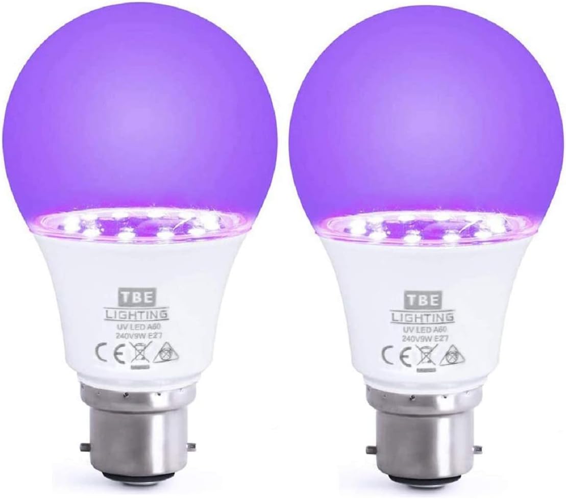 TBE LIGHTING UV LED Bulbs - 2 Pack - 9w Ultra Violet Black Light Bulbs - B22 Standard Bayonet Fitting - 395-400nm wavelength, Energy Saving Long Life LED A60 Bulb - 20,000Hrs Life Expectancy