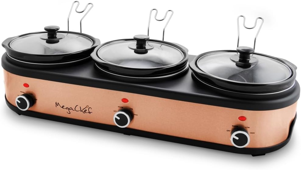 Megachef Triple 2.5 Quart Slow Cooker and Buffet Server in Brushed Copper and Black Finish with 3 Ceramic Cooking Pots and Removable Lid Rests