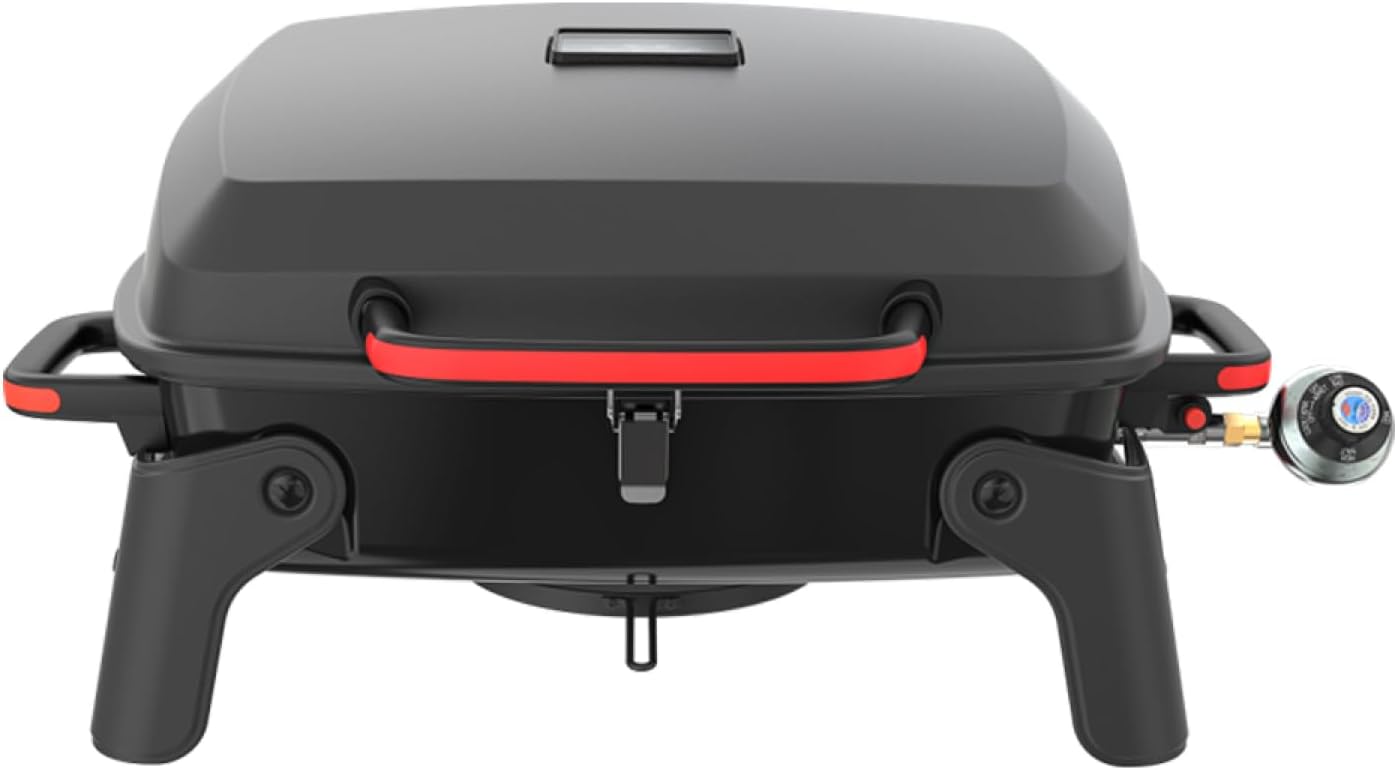 820-0065C 1 Burner Portable Gas Grill for Camping, Outdoor Cooking , Outdoor Kitchen, Patio, Garden, Barbecue with Two Foldable legs, Red + Black